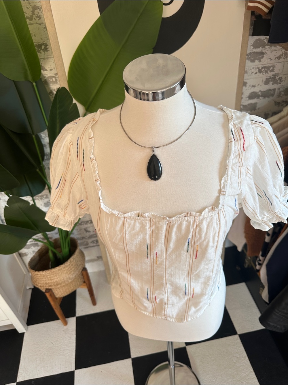Free People Cream Puff-Sleeve Embroidered Crop Top